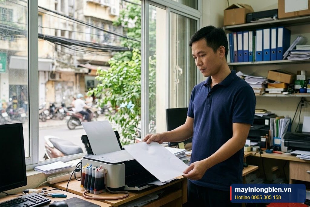 Máy in phun in ra giấy trắng, kỹ thuật viên kiểm tra tại văn phòng ở Hà Nội Máy in phun in ra giấy trắng, kỹ thuật viên kiểm tra tại văn phòng ở Hà Nội