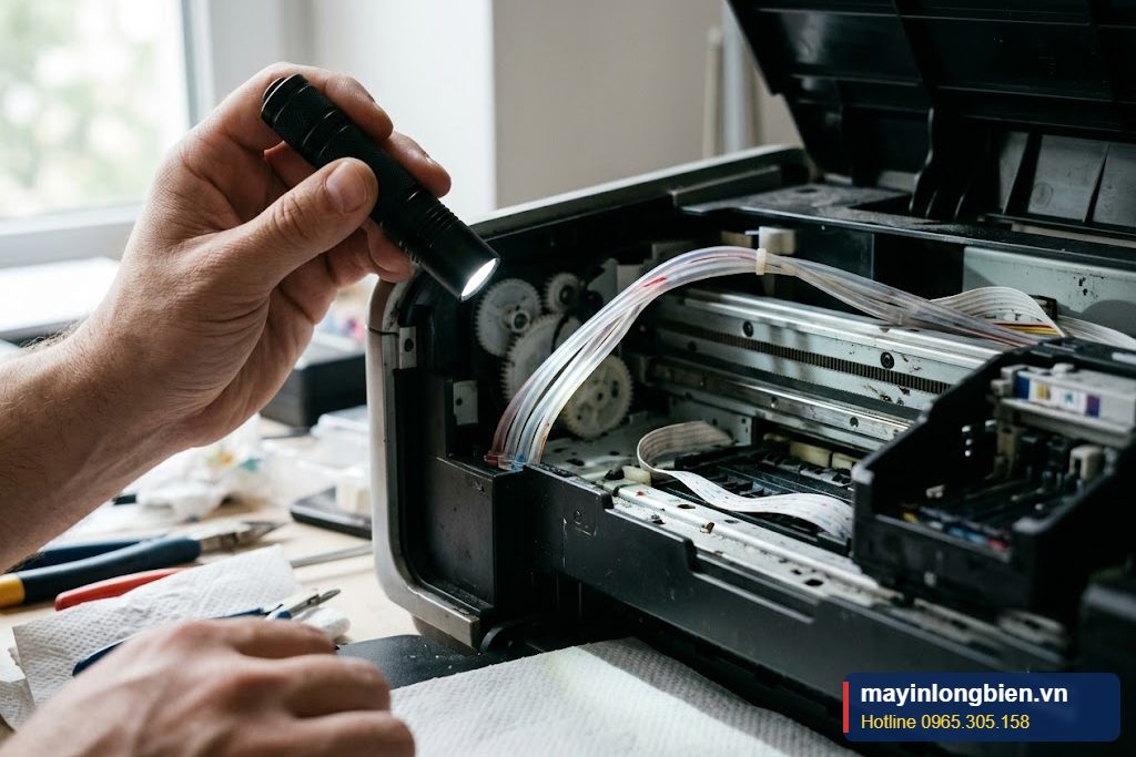 Cận cảnh soi ống dẫn mực bằng đèn pin khi máy in phun in ra giấy trắng Cận cảnh soi ống dẫn mực bằng đèn pin khi máy in phun in ra giấy trắng