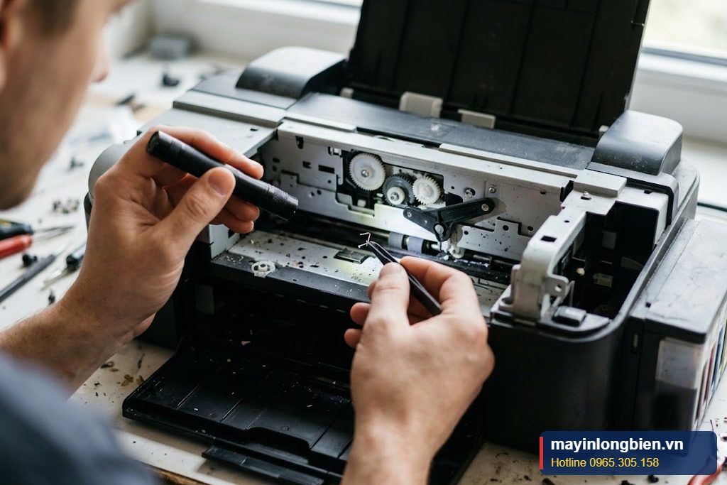 Cận cảnh bánh răng và lẫy cảm biến giấy bên trong máy in phun bị kẹt giấy Cận cảnh bánh răng và lẫy cảm biến giấy bên trong máy in phun bị kẹt giấy