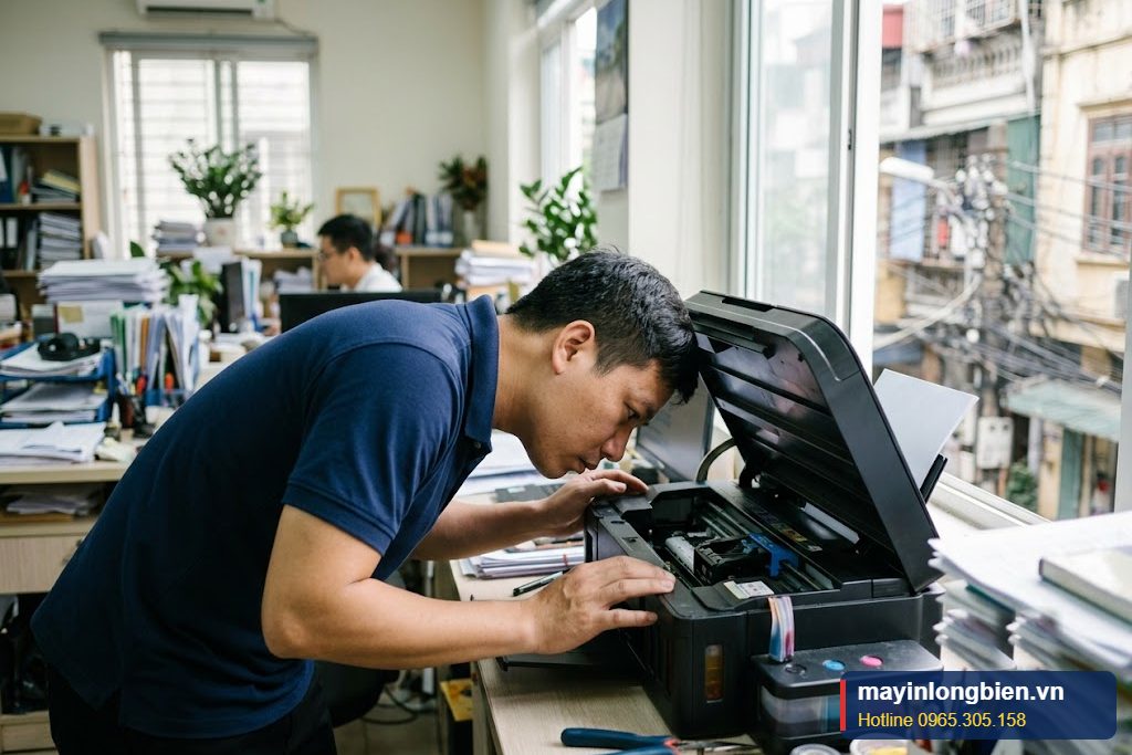 Kỹ thuật viên lắng nghe và kiểm tra máy in phun kêu to tại văn phòng ở Hà Nội Kỹ thuật viên lắng nghe và kiểm tra máy in phun kêu to tại văn phòng ở Hà Nội
