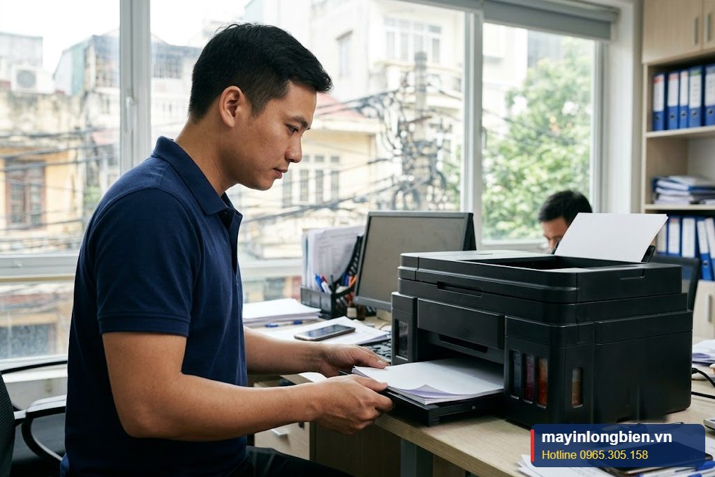 Kỹ thuật viên kiểm tra máy in phun không kéo giấy tại văn phòng ở Hà Nội