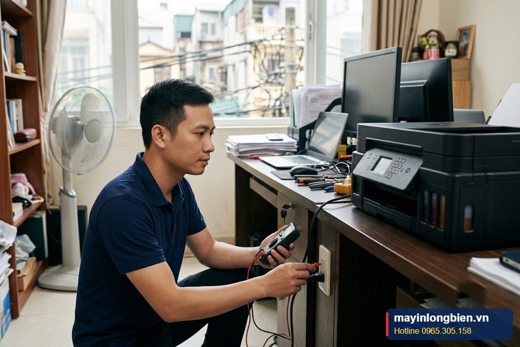 Kỹ thuật viên kiểm tra máy in phun không lên nguồn tại nhà khách hàng ở Hà Nội