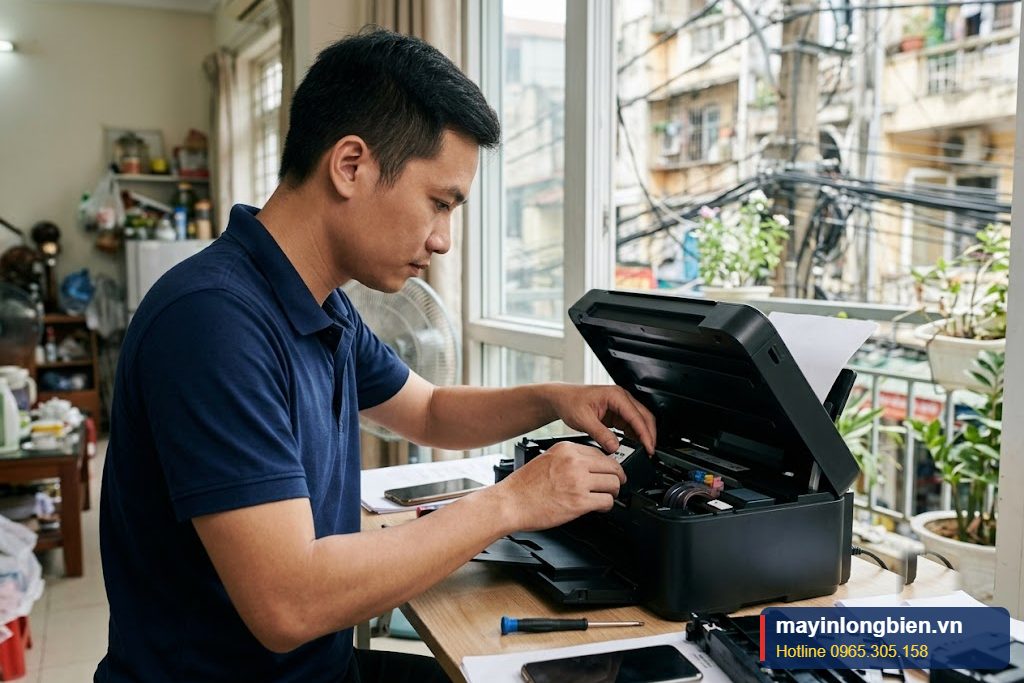Máy in phun không nhận hộp mực, kỹ thuật viên tháo hộp mực khỏi xe đầu in để kiểm tra Máy in phun không nhận hộp mực, kỹ thuật viên tháo hộp mực khỏi xe đầu in để kiểm tra