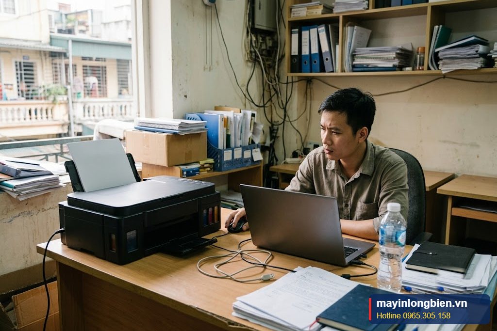 Nhân viên văn phòng Hà Nội gặp lỗi máy in phun không nhận lệnh in từ máy tính