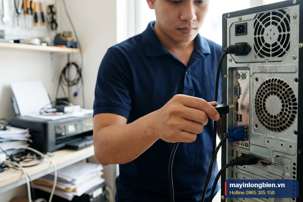 Kỹ thuật viên kiểm tra cáp USB và cổng kết nối máy in phun màu