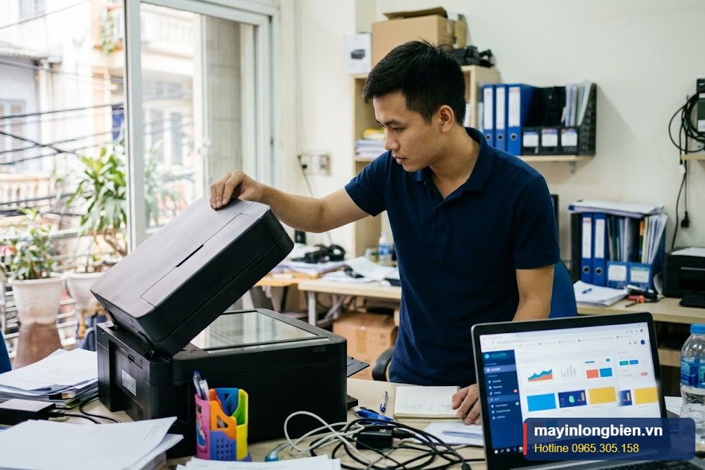 Máy in phun không scan được, kỹ thuật viên kiểm tra nắp scan và laptop tại văn phòng Hà Nội