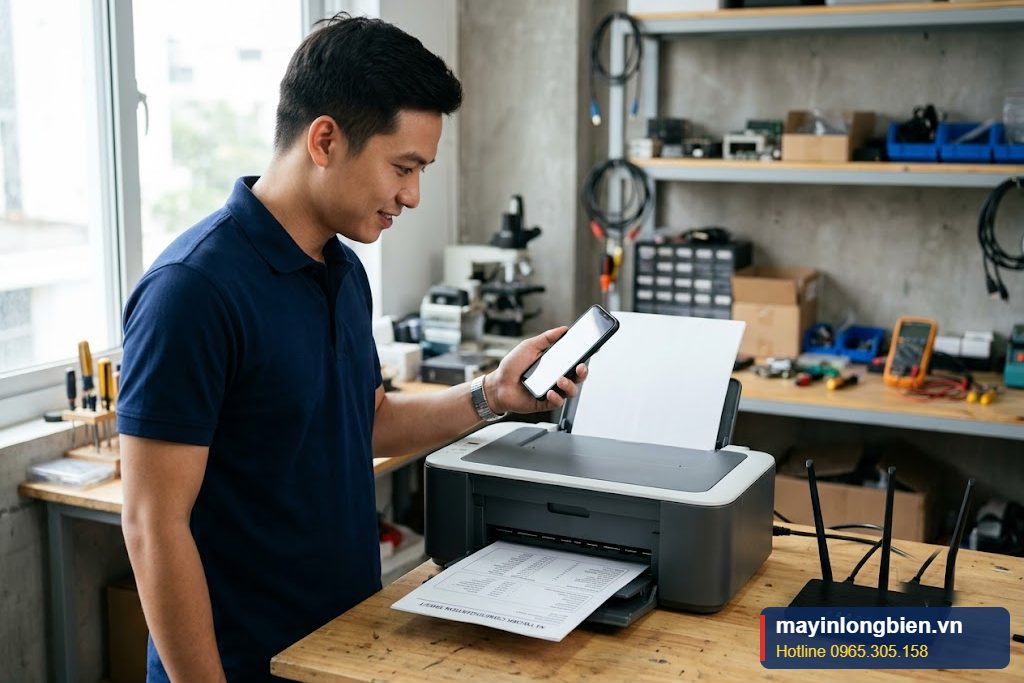 Kỹ thuật viên cài đặt lại WiFi và IP tĩnh cho máy in phun màu