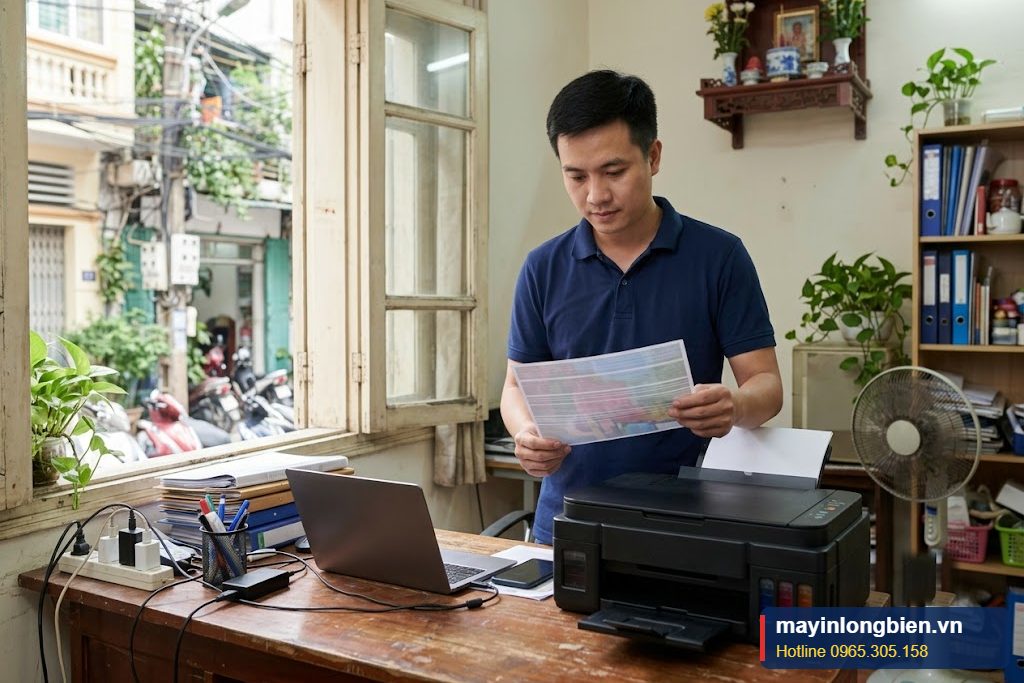Bản in bị sọc ngang trắng đặt cạnh máy in phun màu trên bàn làm việc ở Hà Nội