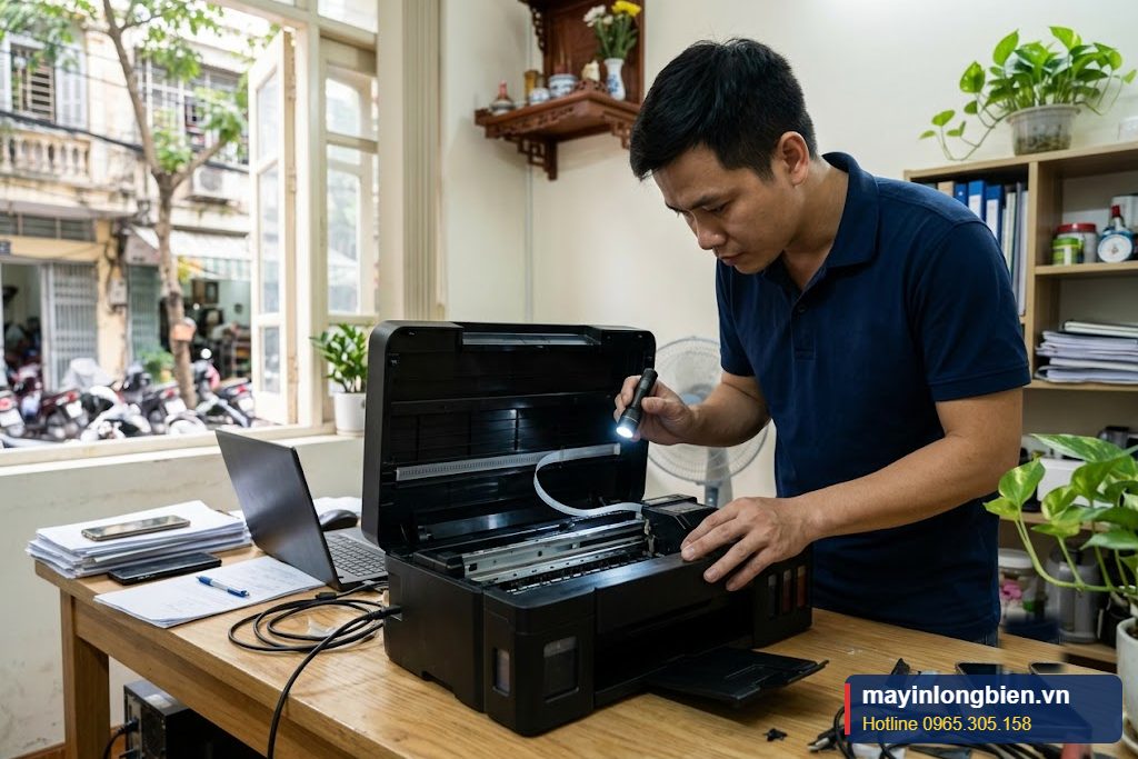 Kỹ thuật viên kiểm tra thước film encoder khi máy in phun in sọc dọc tại nhà ở Hà Nội