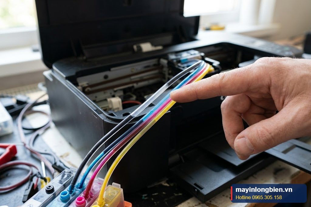 Cận cảnh ống dẫn mực có đoạn khí ở một kênh màu trên máy in phun Cận cảnh ống dẫn mực có đoạn khí ở một kênh màu trên máy in phun