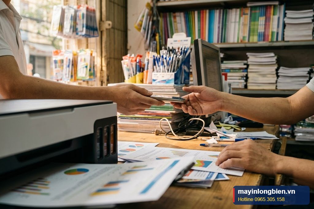 Máy in dịch vụ văn phòng phẩm đặt sau quầy nhà sách ở Cầu Giấy Máy in dịch vụ văn phòng phẩm đặt sau quầy nhà sách ở Cầu Giấy