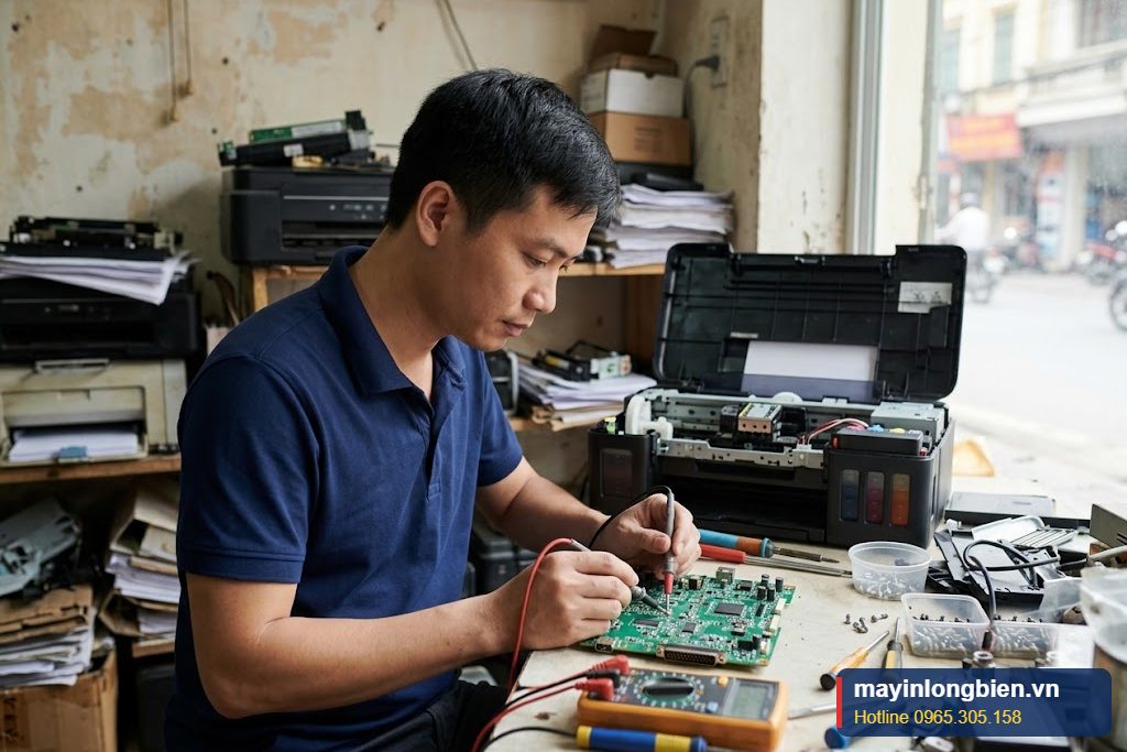 Kỹ thuật viên đo kiểm board mạch máy in phun màu tại cửa hàng sửa chữa ở Hà Nội Kỹ thuật viên đo kiểm board mạch máy in phun màu tại cửa hàng sửa chữa ở Hà Nội