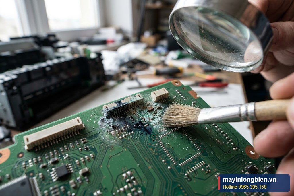 Cận cảnh board mạch máy in phun có vết ăn mòn do mực và nước cần sửa Cận cảnh board mạch máy in phun có vết ăn mòn do mực và nước cần sửa