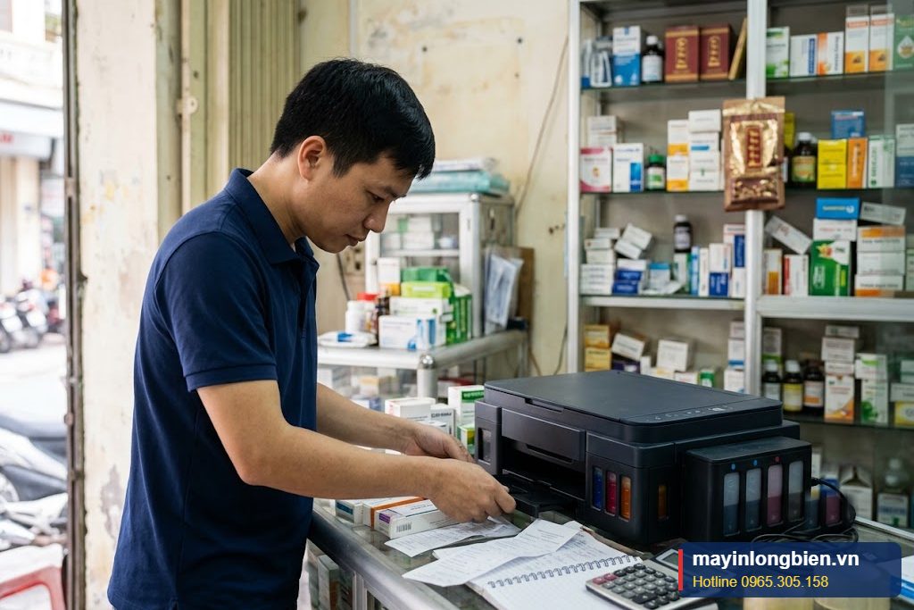 Kỹ thuật viên sửa máy in Brother DCP-T310 kẹt giấy tại quầy thuốc ở Hà Nội