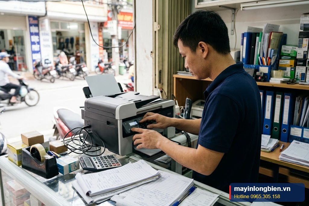 Máy in Canon E4270 có ADF và fax tại quầy cửa hàng nhỏ, kỹ thuật viên kiểm tra