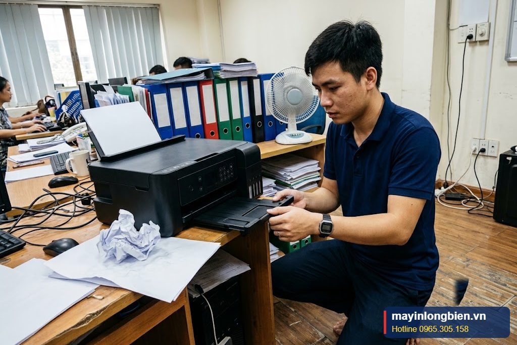 Kỹ thuật viên rút khay cassette khi sửa máy in Canon G6070 kẹt giấy tại văn phòng