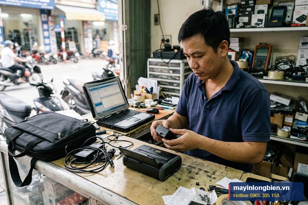 Máy in di động Canon iP110 đặt cạnh laptop và cặp công tác, kỹ thuật viên kiểm tra pin Máy in di động Canon iP110 đặt cạnh laptop và cặp công tác, kỹ thuật viên kiểm tra pin