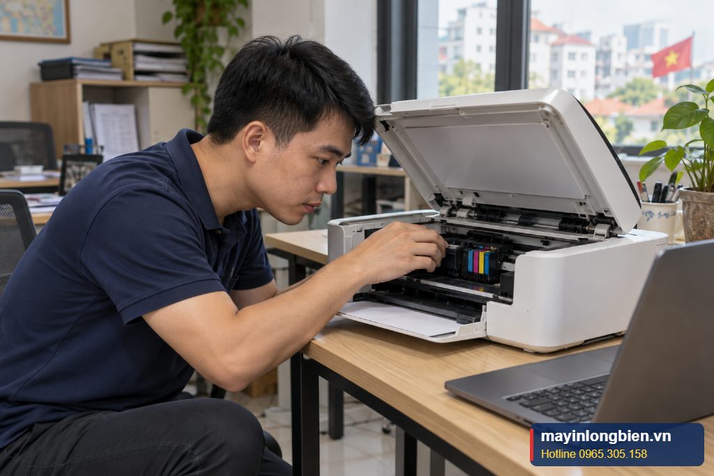 Kỹ thuật viên sửa máy in Canon MG2570 dùng hộp mực tại văn phòng nhỏ Hà Nội