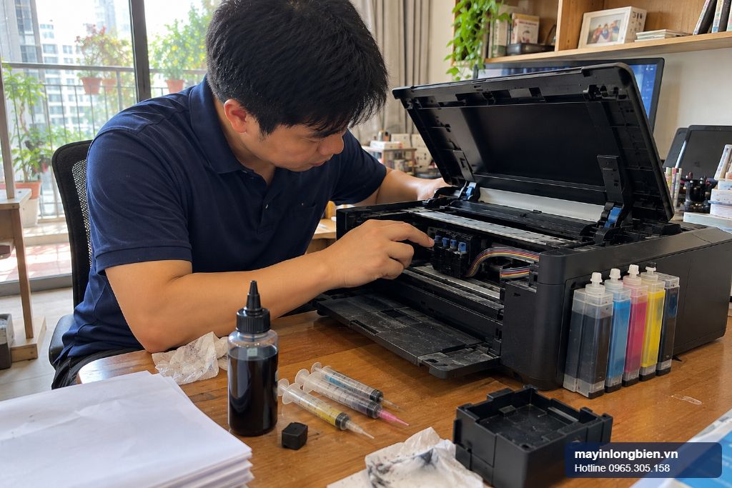 Máy in Canon MG6870 lắp hộp mực bơm lại, kỹ thuật viên kiểm tra đầu in tại nhà Hà Nội