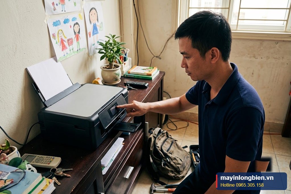 Kỹ thuật viên kiểm tra màn hình nhỏ trên bảng điều khiển khi sửa máy in Canon TS6370 Kỹ thuật viên kiểm tra màn hình nhỏ trên bảng điều khiển khi sửa máy in Canon TS6370