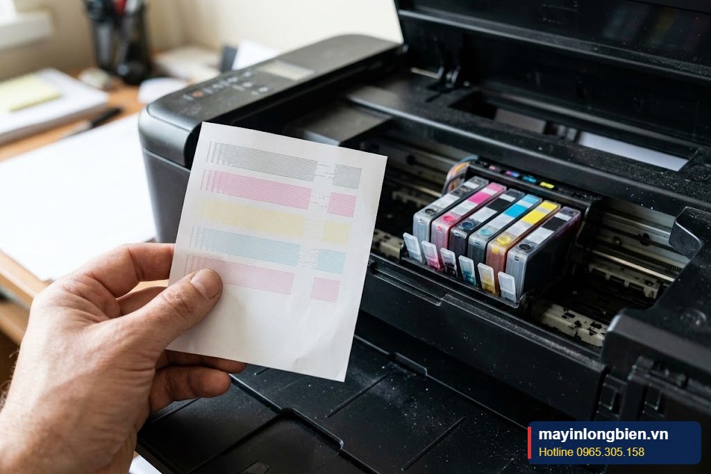 Cận cảnh trang kiểm tra vòi phun sáu màu có một cột trắng của máy in Canon TS8170 Cận cảnh trang kiểm tra vòi phun sáu màu có một cột trắng của máy in Canon TS8170