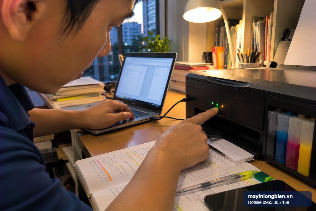 Sửa máy in Epson L3100 trên bàn học sinh, kỹ thuật viên kiểm tra đèn báo