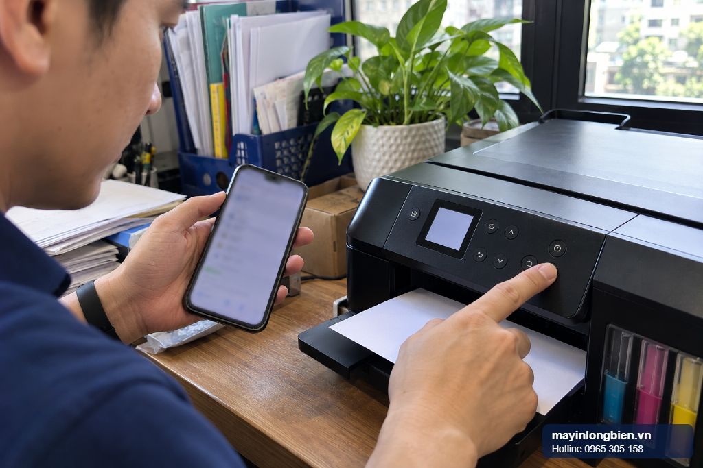 Sửa máy in Epson L3260 tại văn phòng nhỏ, kỹ thuật viên xem màn hình báo lỗi Sửa máy in Epson L3260 tại văn phòng nhỏ, kỹ thuật viên xem màn hình báo lỗi