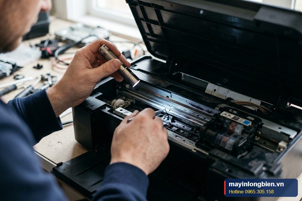 Gắp vật lạ vướng cụm đầu in máy in Epson L385 nháy đèn