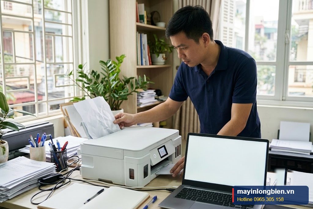 Kỹ thuật viên đọc thông báo lỗi trên màn hình máy in Epson L4260 tại văn phòng Hà Nội