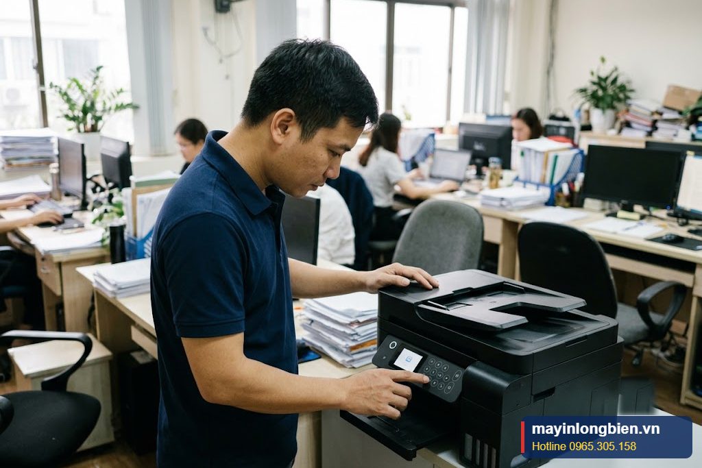 Kỹ thuật viên sửa máy in Epson L5190 tại văn phòng nhỏ ở Hà Nội