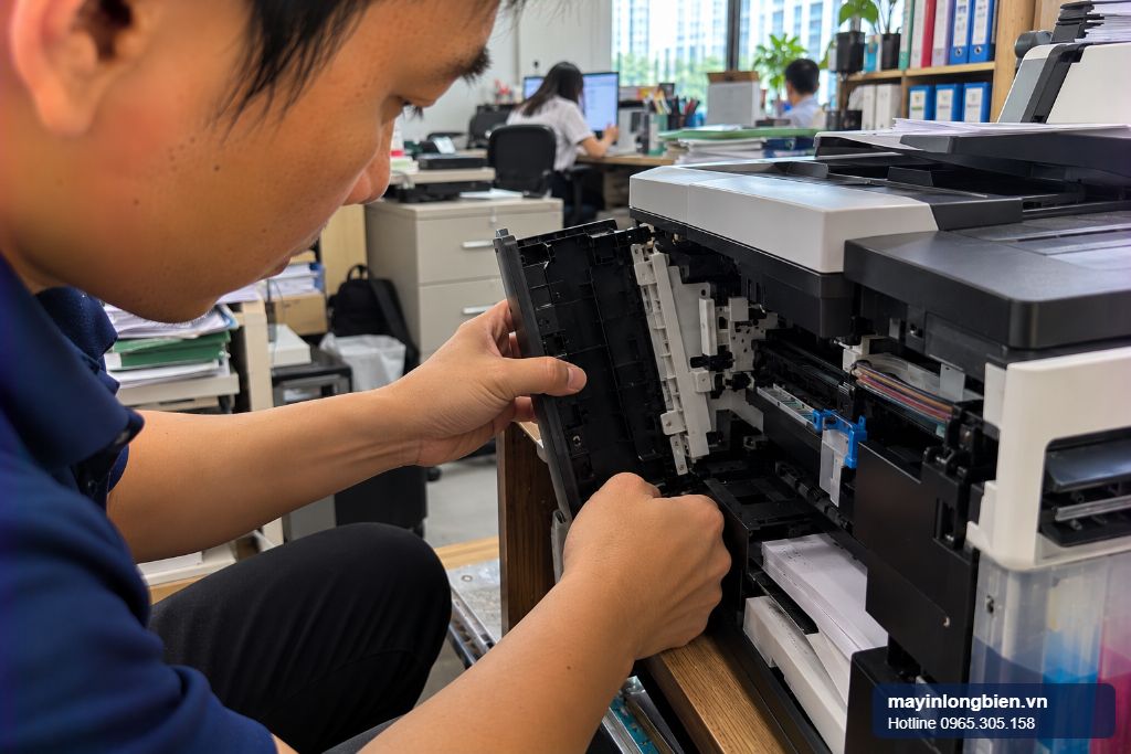 Sửa máy in Epson L6490 tại văn phòng, kỹ thuật viên mở khoang hộp bảo trì Sửa máy in Epson L6490 tại văn phòng, kỹ thuật viên mở khoang hộp bảo trì