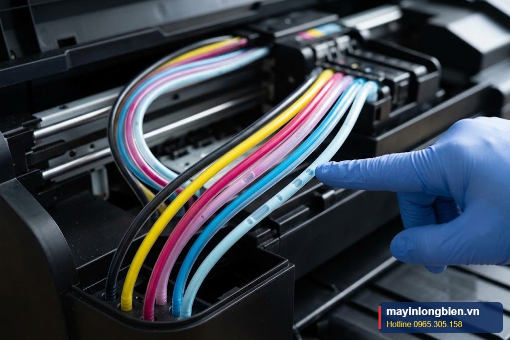 Cận cảnh ống dẫn mực có bọt khí trên máy in Epson L810 L850 Cận cảnh ống dẫn mực có bọt khí trên máy in Epson L810 L850