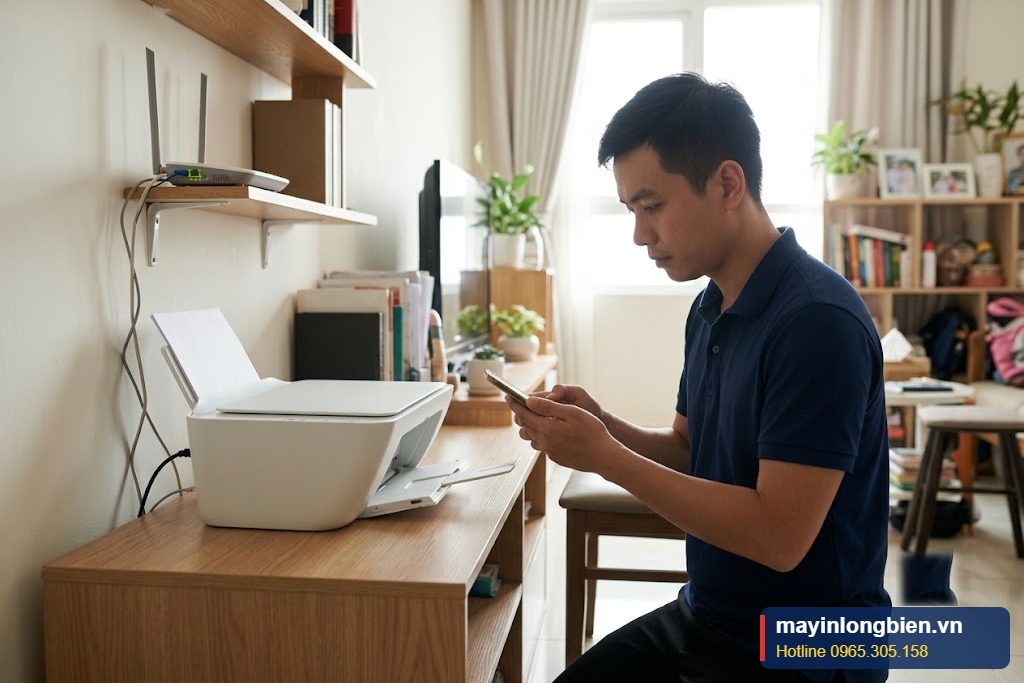 Kỹ thuật viên sửa máy in HP DeskJet Ink Advantage 2775 mất kết nối WiFi tại nhà ở Hà Nội