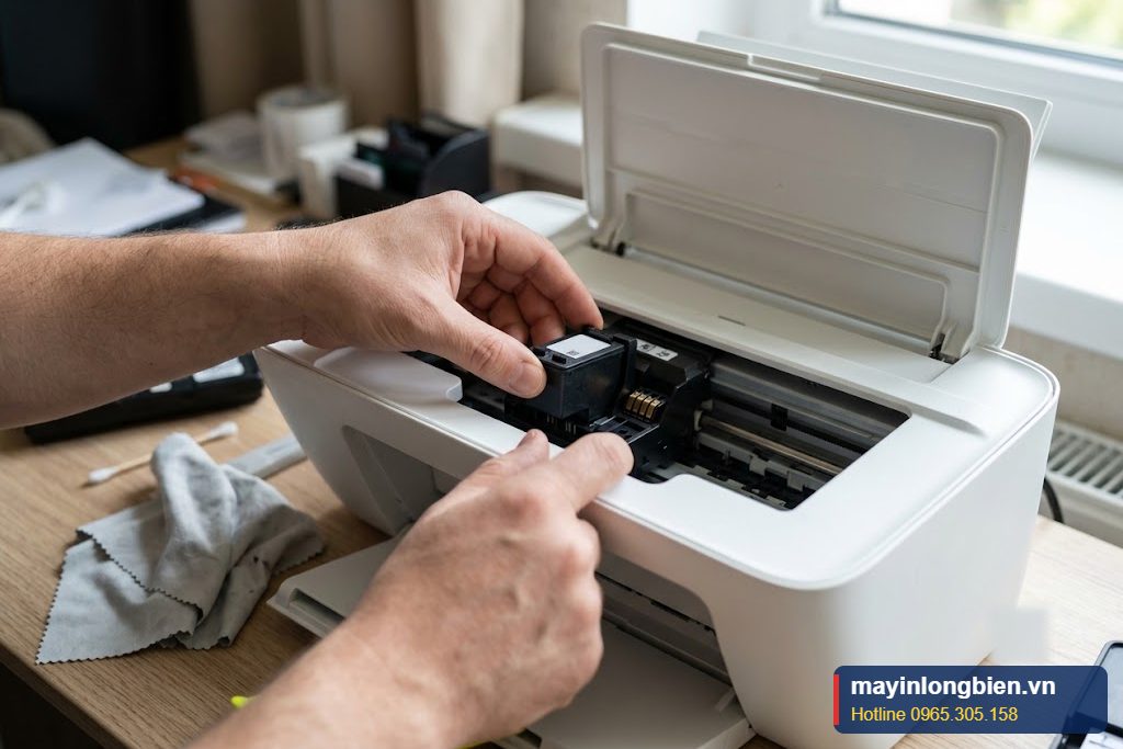 Cận cảnh lắp lại hộp mực đầu liền trên máy in HP 2775 khi máy báo không nhận hộp mực