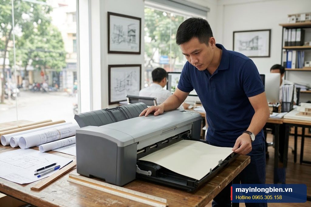 Kỹ thuật viên sửa máy in HP OfficeJet 7110 khổ A3 bị kéo lệch giấy tại văn phòng Hà Nội