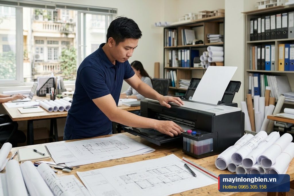 Kỹ thuật viên sửa máy in phun A3 tại văn phòng kiến trúc, bản vẽ khổ lớn trên bàn