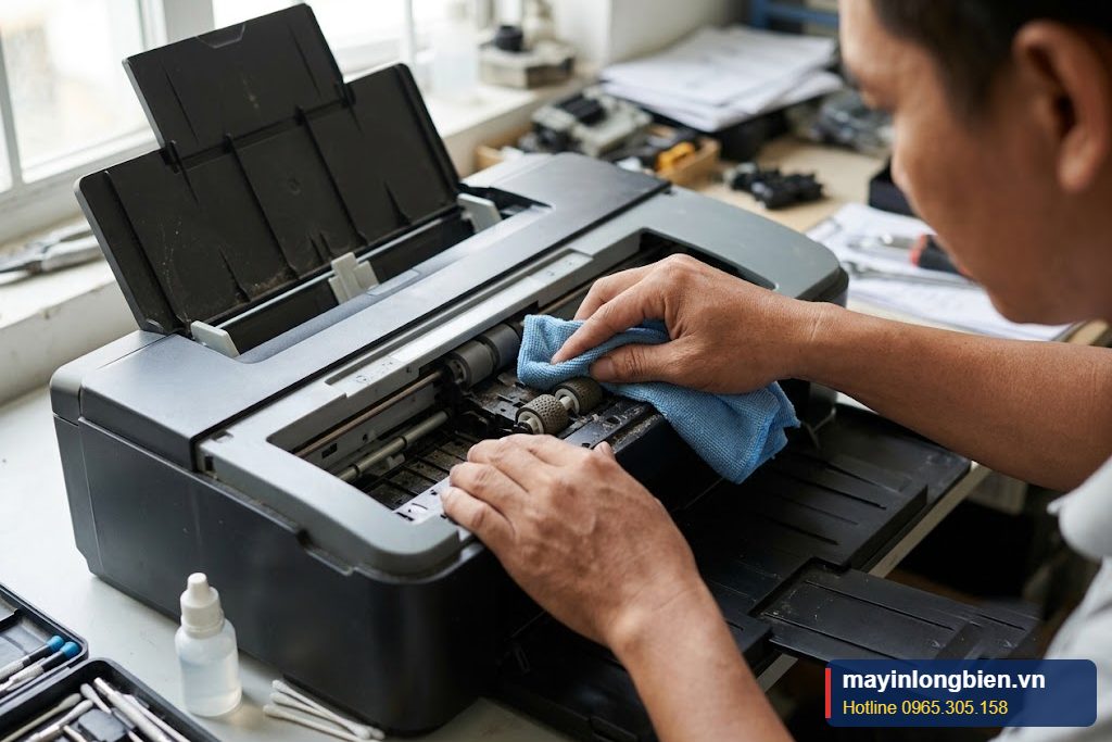 Cận cảnh vệ sinh bánh kéo giấy máy in phun A3 bị kéo giấy xiên