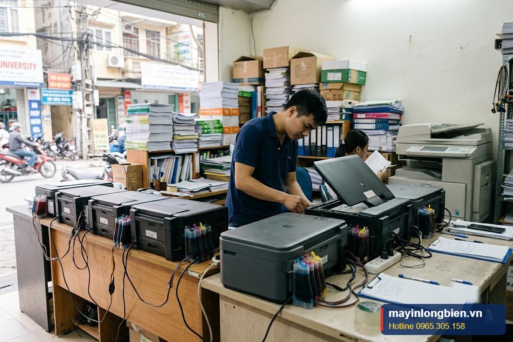 Dàn máy in phun màu tại tiệm photo, kỹ thuật viên kiểm tra từng máy chạy tải lớn