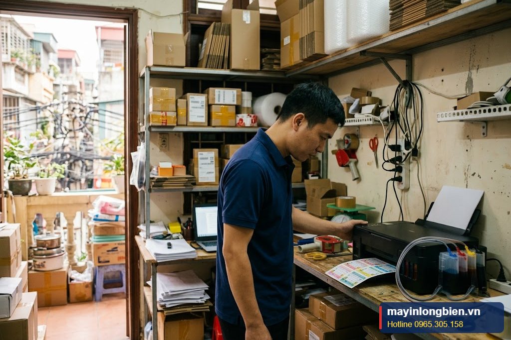 Máy in phun shop online in phiếu đơn màu và nhãn dán tại khu đóng gói hàng