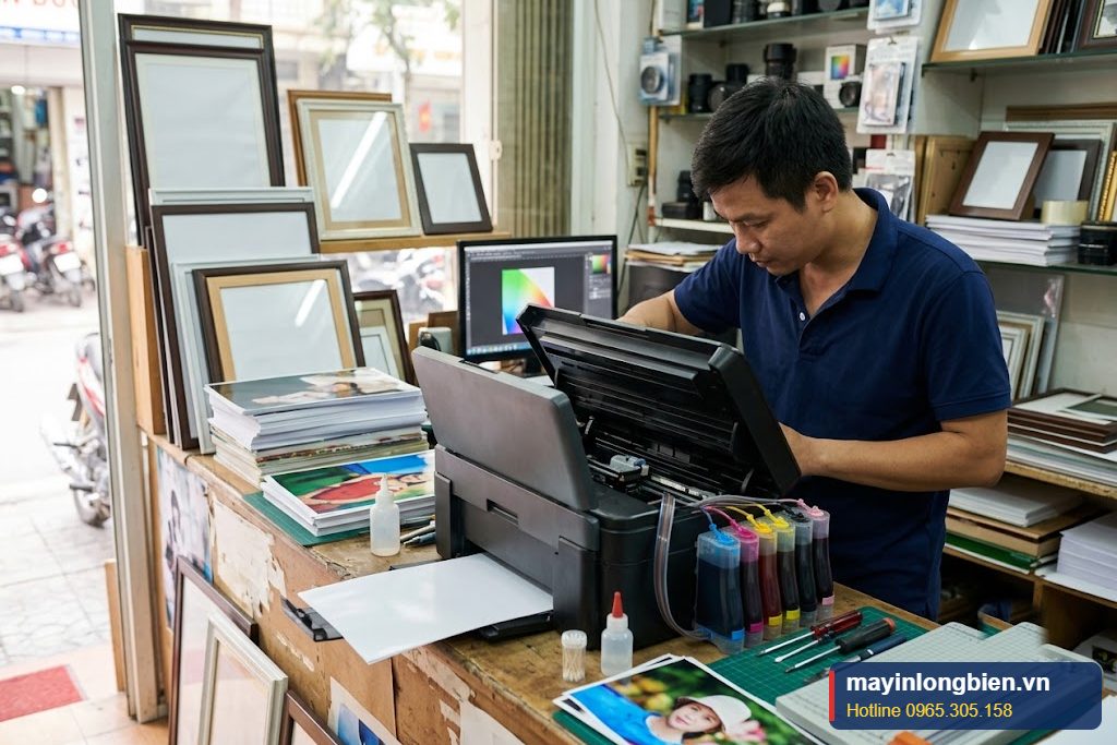 Sửa máy in phun tiệm in ảnh tại Hà Nội, kỹ thuật viên kiểm tra máy in ảnh bên quầy studio Sửa máy in phun tiệm in ảnh tại Hà Nội, kỹ thuật viên kiểm tra máy in ảnh bên quầy studio