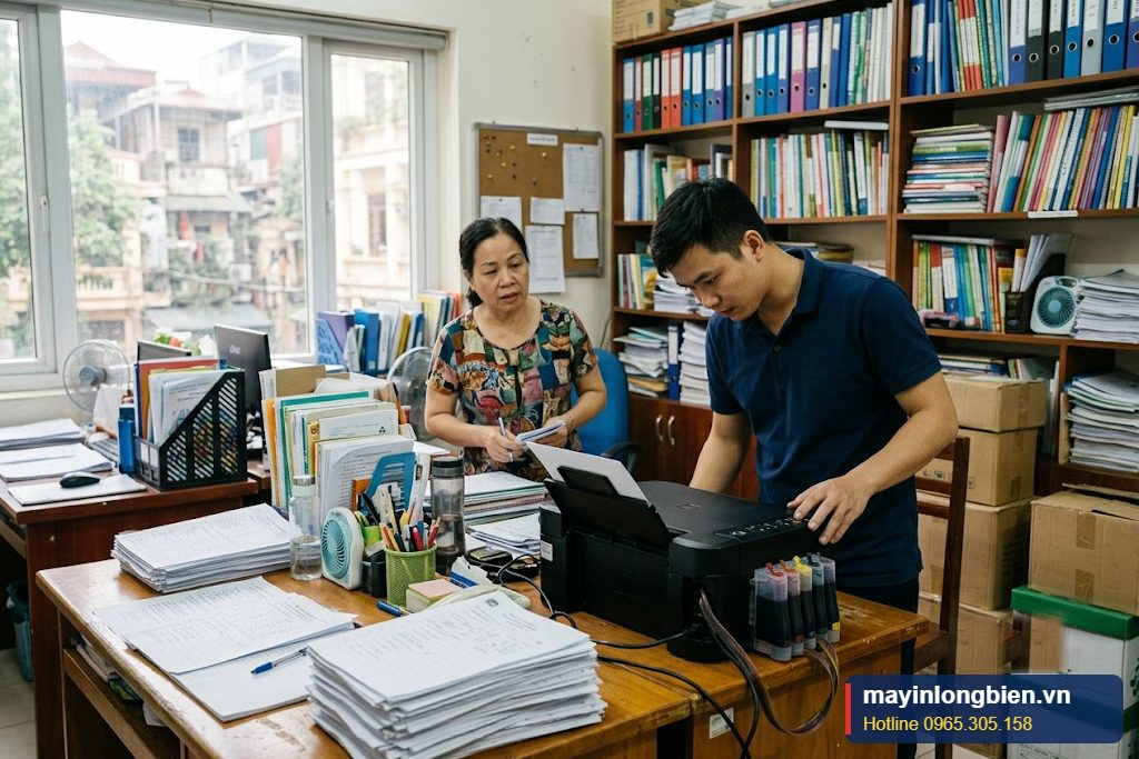 Kỹ thuật viên sửa máy in phun trường học trong phòng giáo vụ, chồng phiếu bài tập bên cạnh