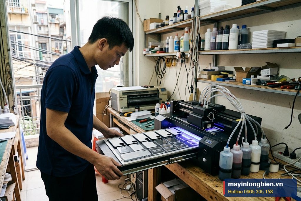 Kỹ thuật viên sửa máy in Epson chế in phẳng UV tại xưởng in ốp điện thoại