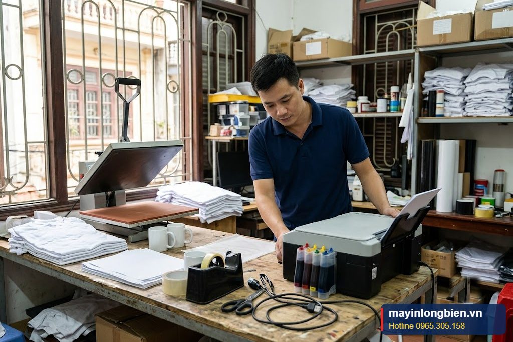 Kỹ thuật viên sửa máy in chuyển nhiệt tại xưởng in áo, bên cạnh máy ép nhiệt và áo thun trắng