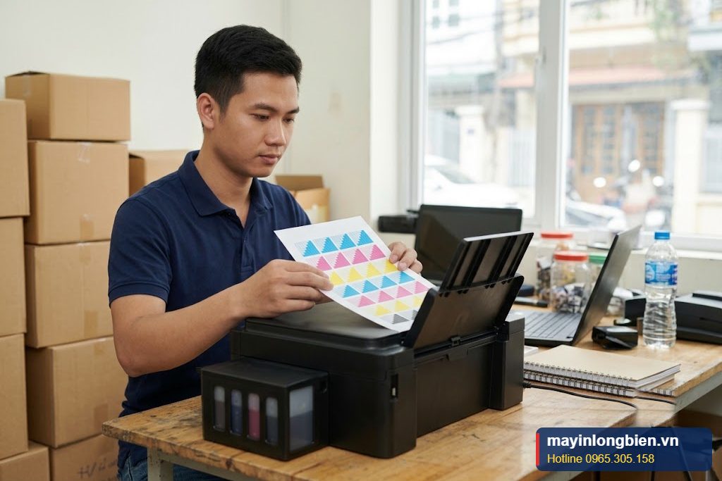 Sửa máy in in decal tem nhãn, kỹ thuật viên kiểm tra máy in phun cùng tờ decal tại xưởng nhỏ Hà Nội
