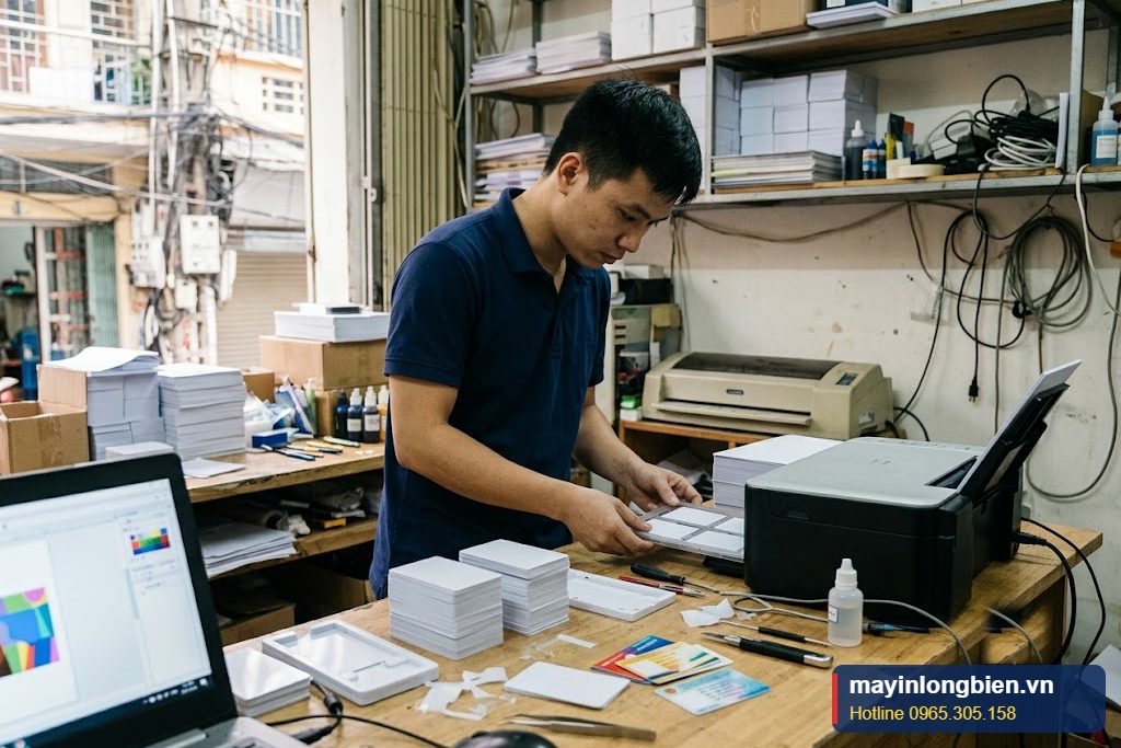 Kỹ thuật viên sửa máy in in thẻ nhựa PVC, khay thẻ đặt cạnh máy in phun màu