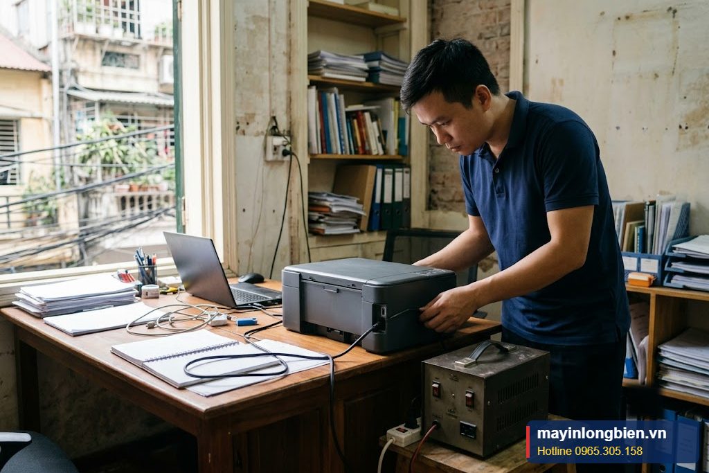 Kỹ thuật viên kiểm tra máy in phun nội địa Nhật cắm qua biến áp đổi nguồn 100V Kỹ thuật viên kiểm tra máy in phun nội địa Nhật cắm qua biến áp đổi nguồn 100V