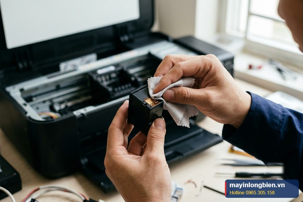Cận cảnh lau tiếp điểm chip hộp mực máy in phun nội địa Nhật không nhận mực Cận cảnh lau tiếp điểm chip hộp mực máy in phun nội địa Nhật không nhận mực