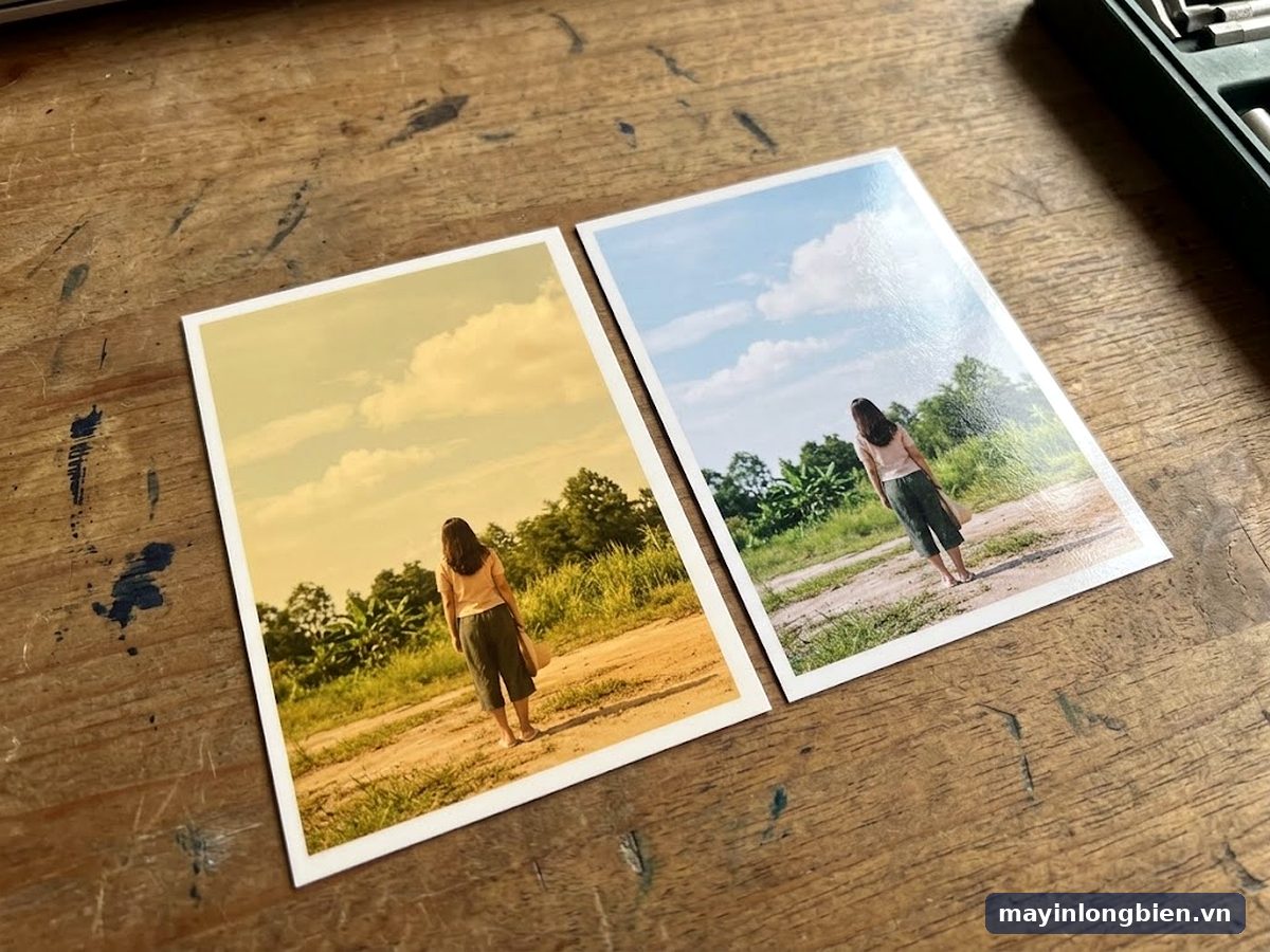 Tấm ảnh chân dung phong cảnh in bị ám vàng đặt cạnh bản in màu chuẩn trên bàn