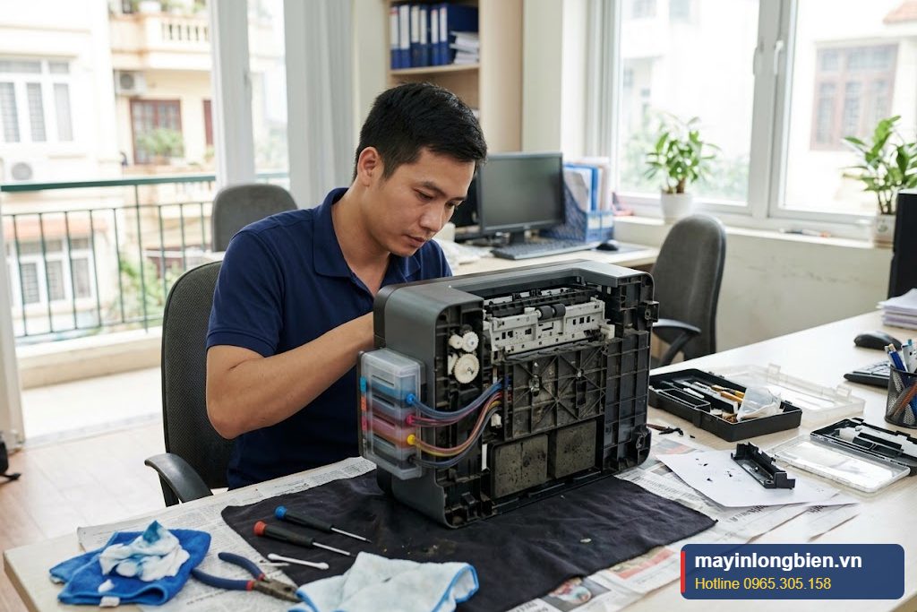 Kỹ thuật viên thay pad mực thải máy in phun tại văn phòng ở Hà Nội, khu vực được che chắn Kỹ thuật viên thay pad mực thải máy in phun tại văn phòng ở Hà Nội, khu vực được che chắn