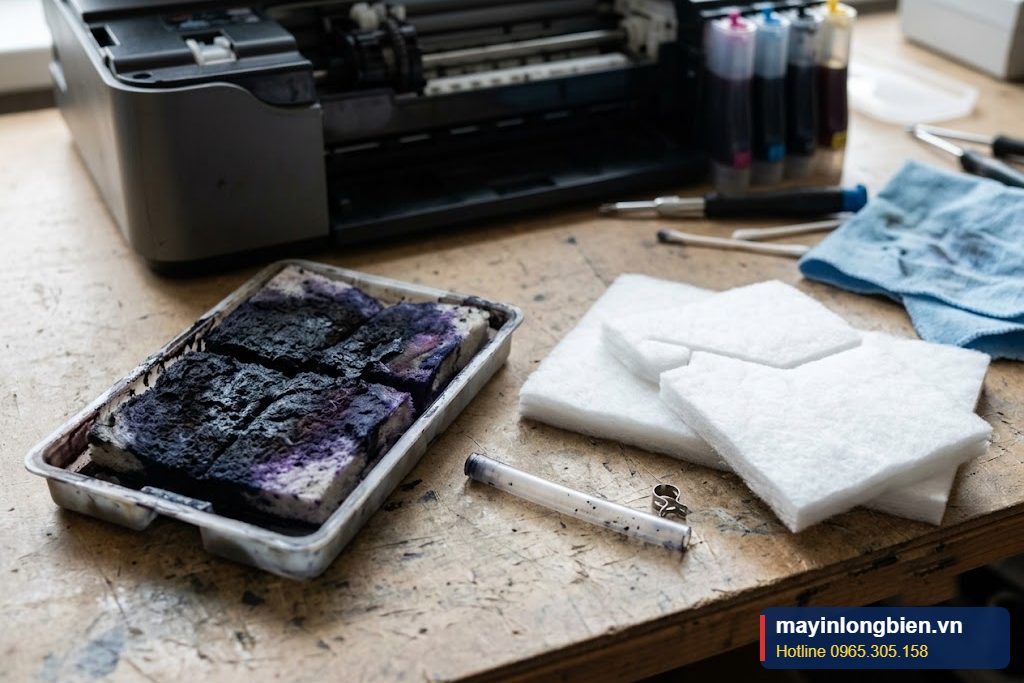 Khay pad mực thải cũ đóng mực và bộ pad mới chuẩn bị lắp vào máy in phun Khay pad mực thải cũ đóng mực và bộ pad mới chuẩn bị lắp vào máy in phun